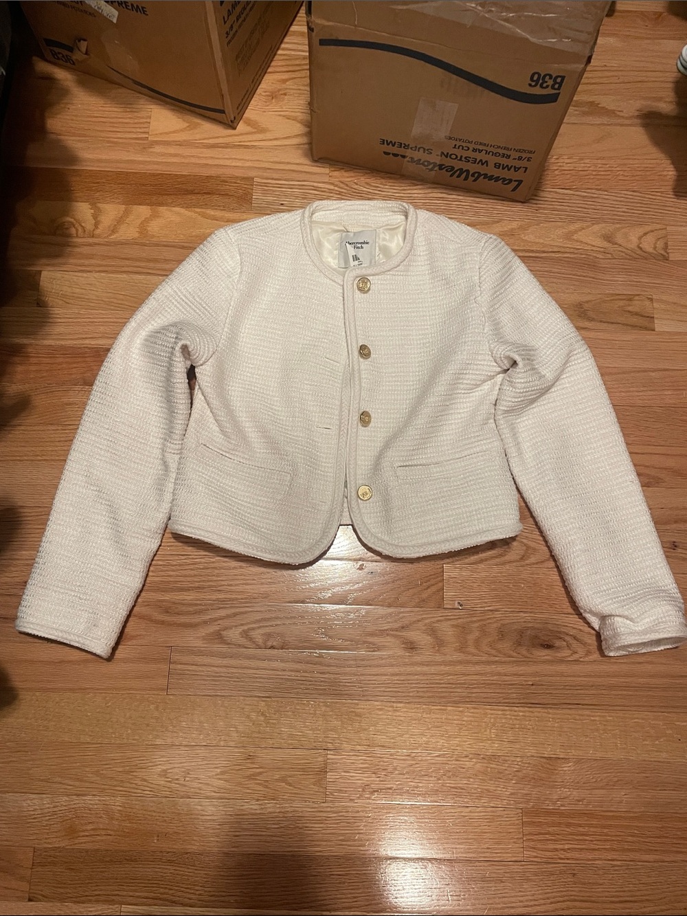 Abercrombie & Fitch Cream Bouclé Cropped Jacket with Gold Button